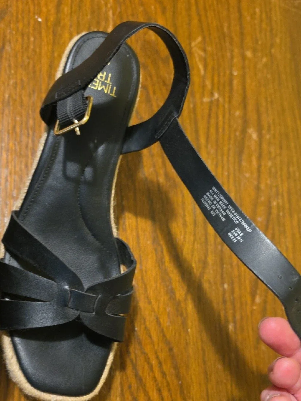 Time and Tru Black Espadrille Wedge Sandals with Gold Buckle